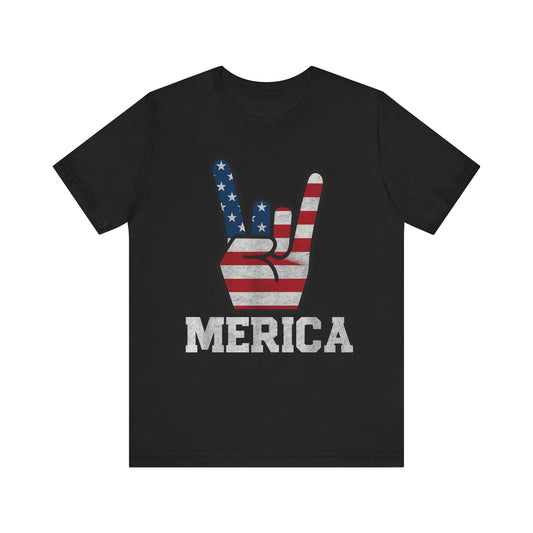 Merica American Flag Rock Hand 4th of July T‑Shirt