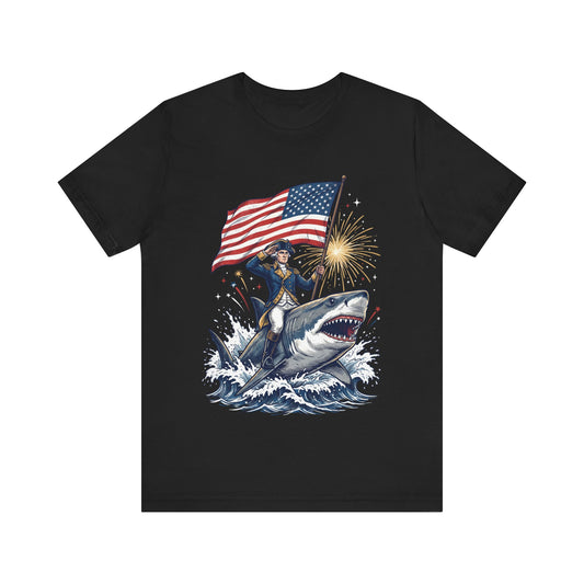Patriotic George Washington Riding Shark 4th of July T‑Shirt