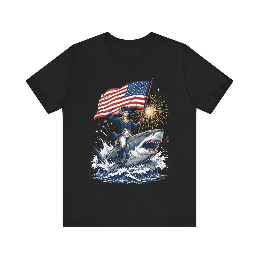 Patriotic George Washington Riding Shark 4th of July T‑Shirt
